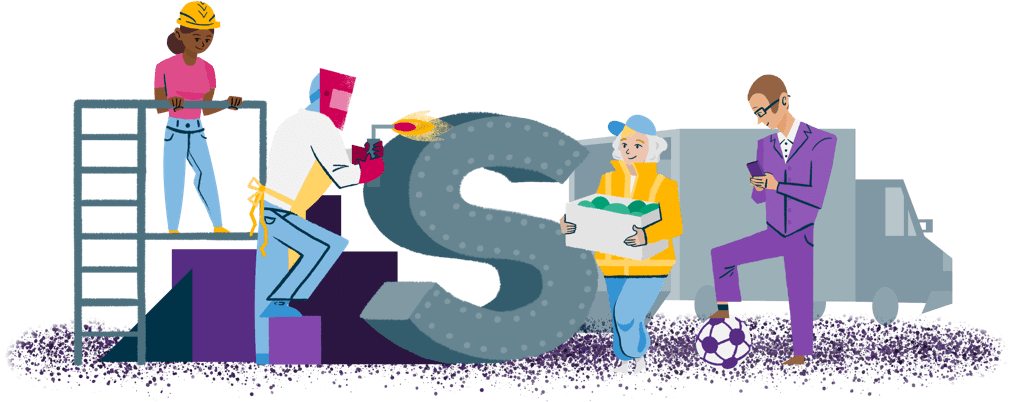 Colourful illustration of a group of people working in various professions