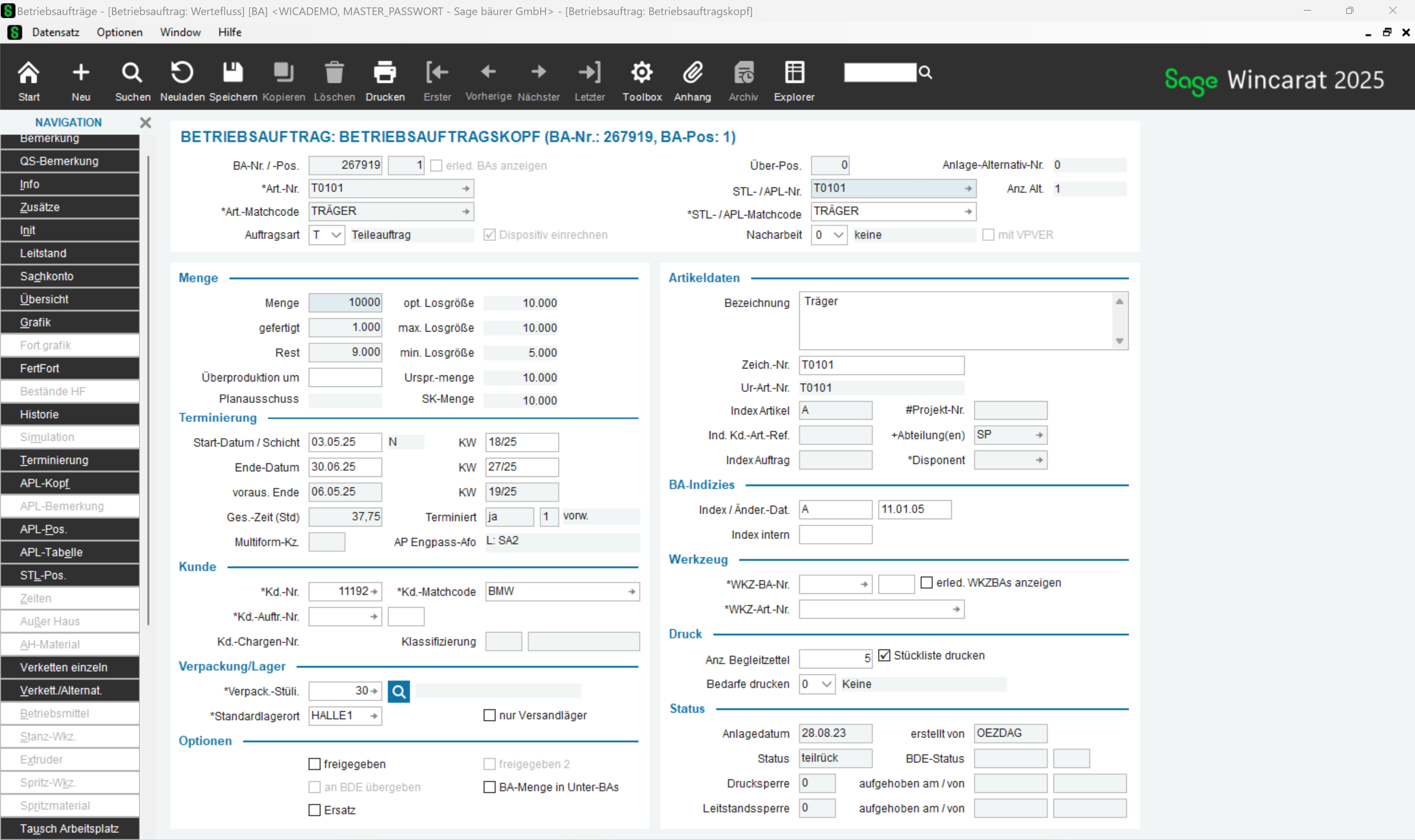  Sage Betriebsauftrag Screenshot System