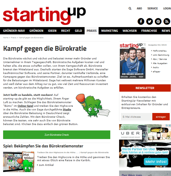 Starting Up hat neben vielen anderen Medien über die Bürokratiemonster-Kampagne berichtet. Quelle: www.starting-up.de