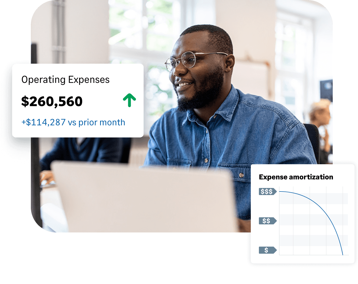  Sage Intacct Revenue Management screen: dashboards with man in office sitting at desk