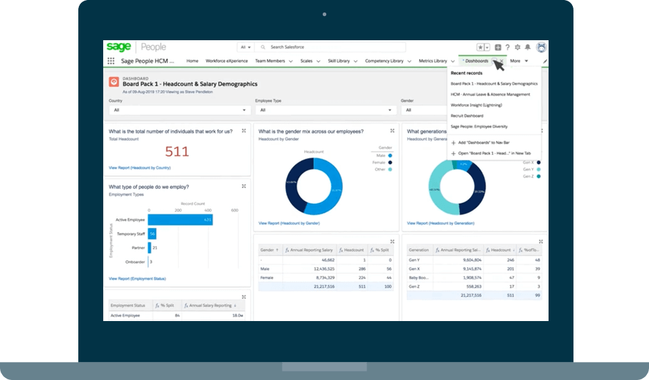 laptop screenshot of Sage People HCM Headcount and Salary custom dashboard