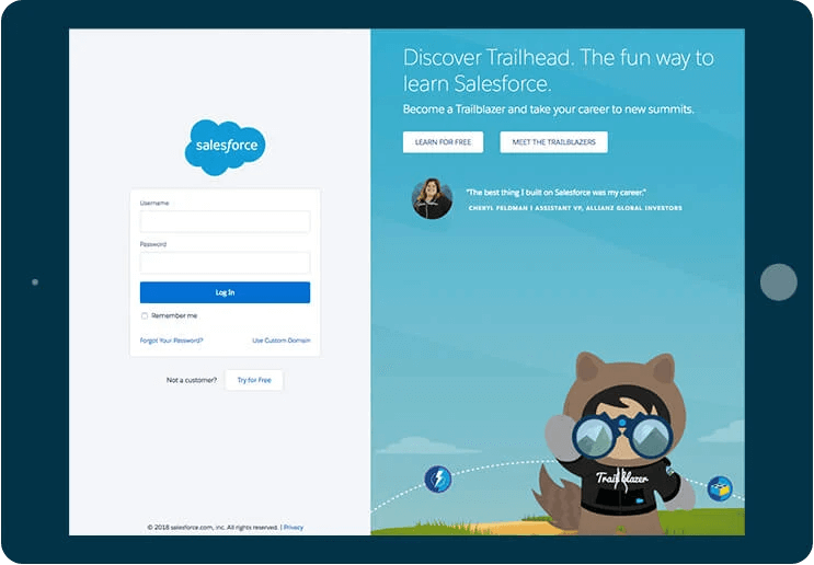 tablet in landscape mode screenshot of Salesforce App Cloud log-in screen