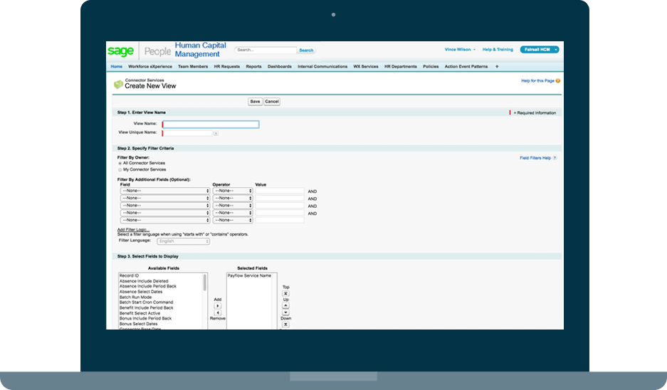 laptop screenshot of Sage People HCM Create New View integration page