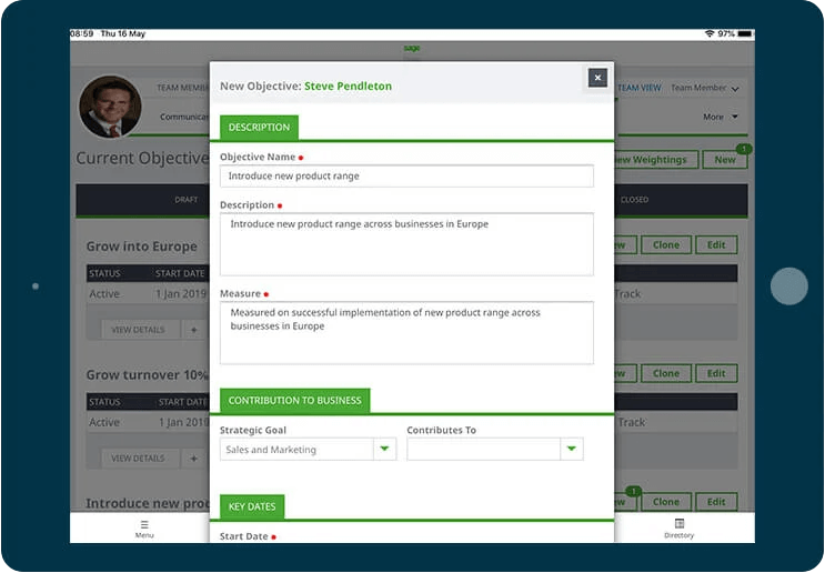 tablet in landscape mode screenshot of Sage People Performance Management Goal Setting window