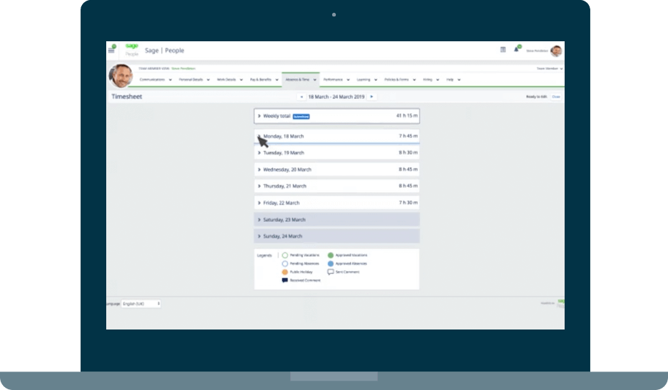 laptop screenshot of Sage People Manager Timesheet Approval screen