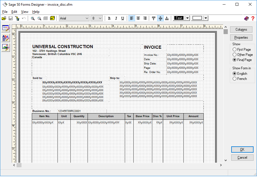 Invoice personalization screenshot