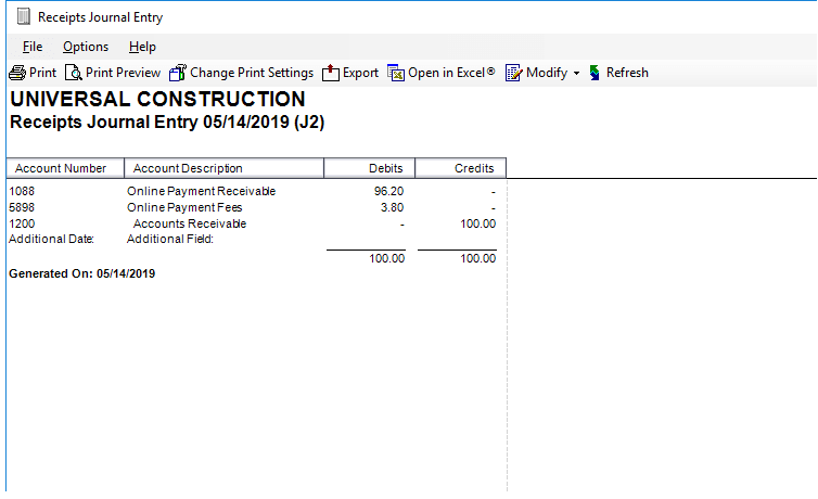 Receipts Journal Entry screenshot