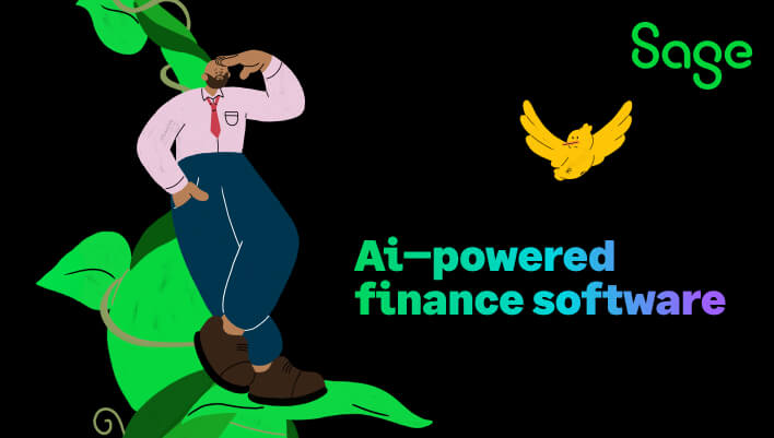Man on tree branch illustration with the text Ai-powered finance software