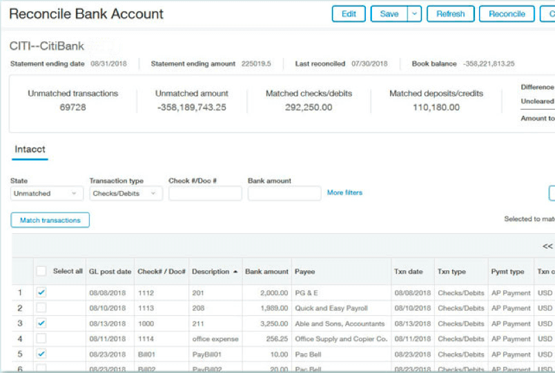 Reconcile Bank Account screen