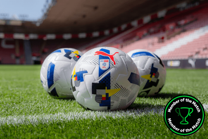  3 footballs on a pitch with the Member of the Match logo
