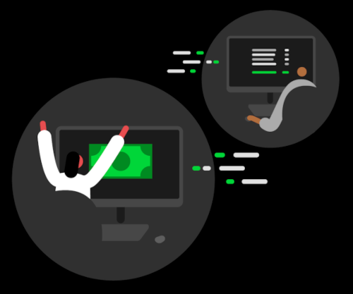   E-invoicing illustration: two figures in front of computer screens looking at data