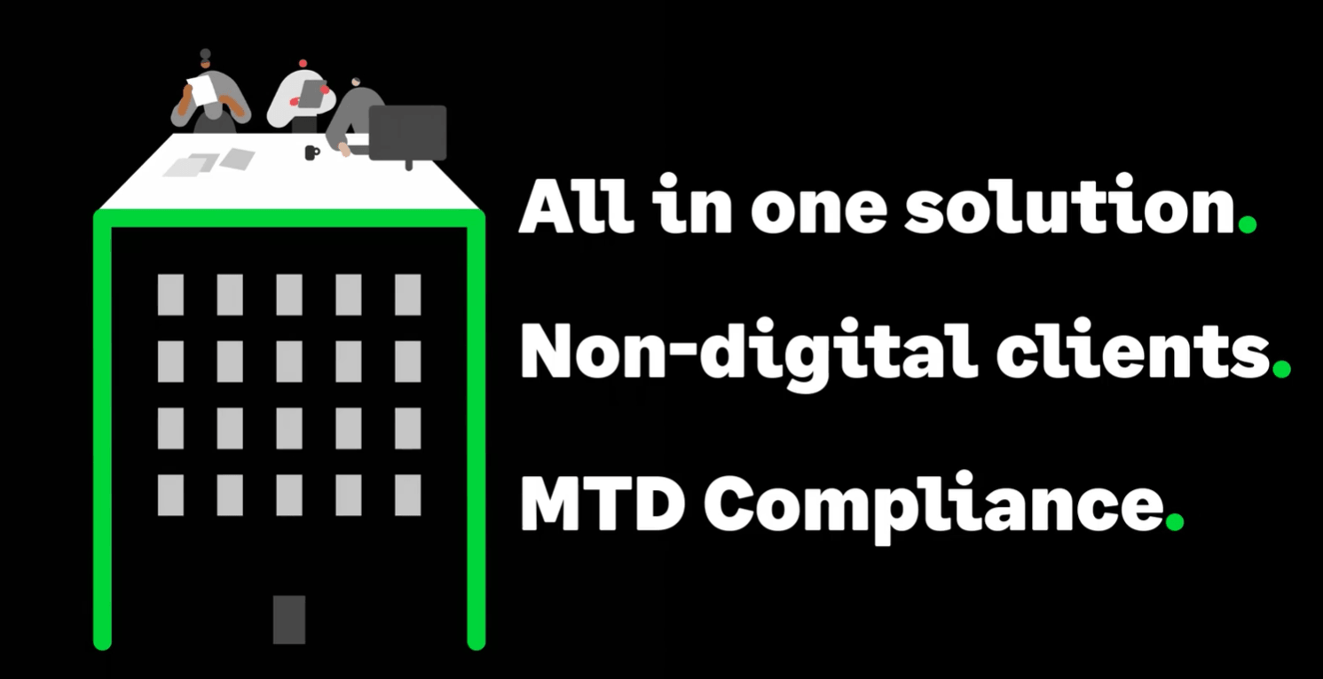  Illustration of a multi-storey building with people working on the roof, alongside the text “All in one solution. Non-digital clients. MTD Compliance.