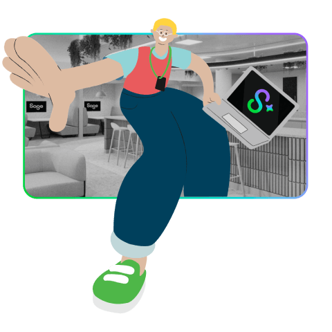  Sage future features illustration: figure in an office with a laptop