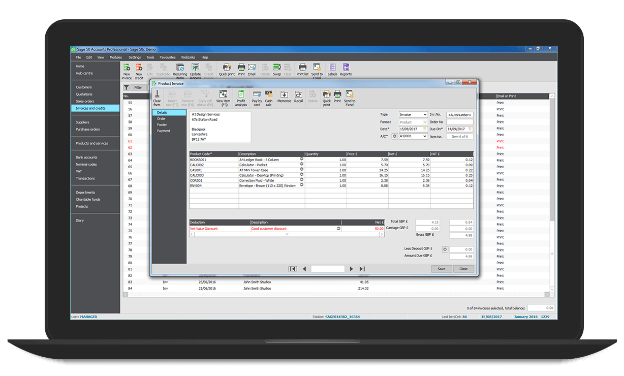 Laptop with Sage 50 Accounts Professional product invoice process open on screen