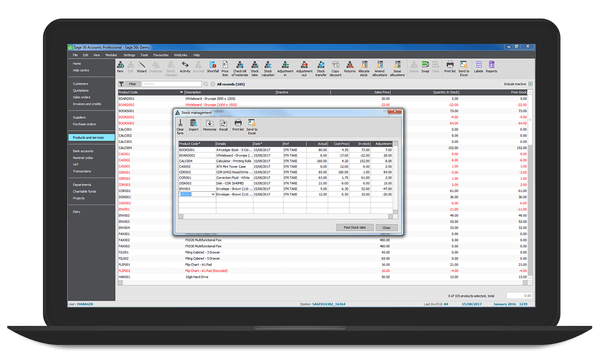Laptop with Sage 50 Accounts  Professional stock management page open on screen
