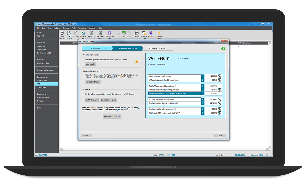 Laptop with Sage 50 Accounts Professional VAT return page open on screen