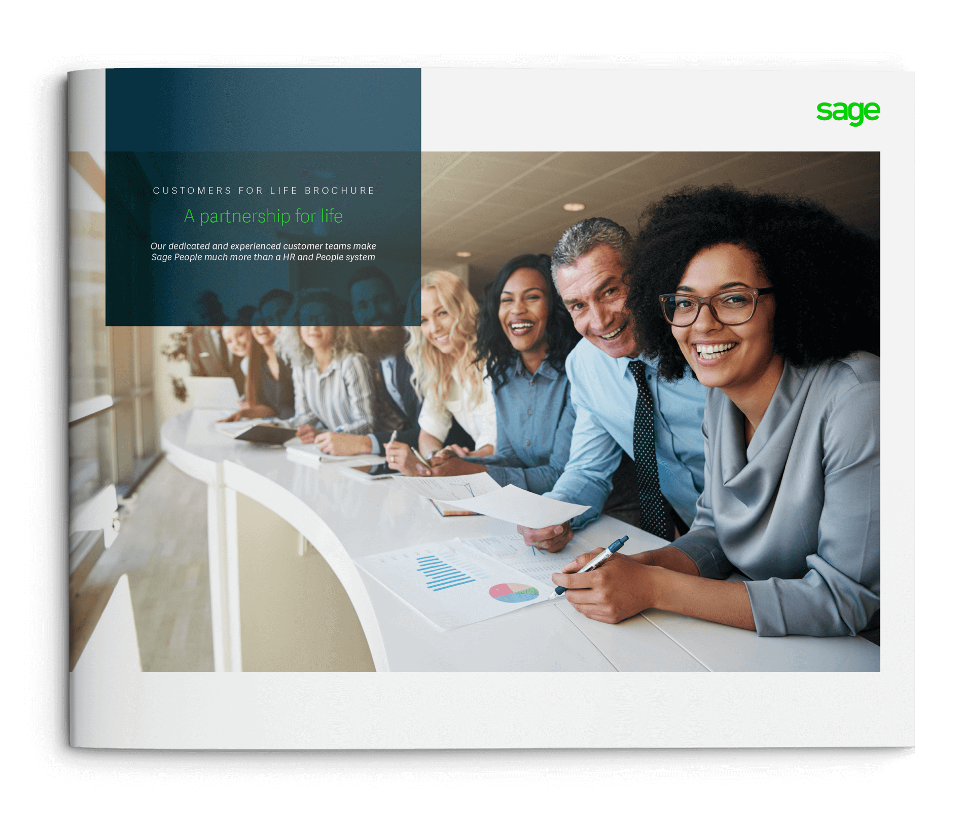 Customers for life brochure cover pic of smiling employees at a long desk