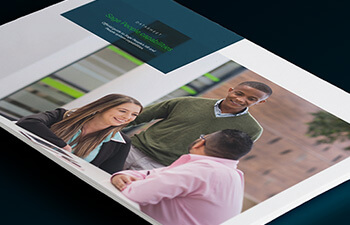 Sage People capabilities guide cover photo of 3 smiling colleagues working in office atrium