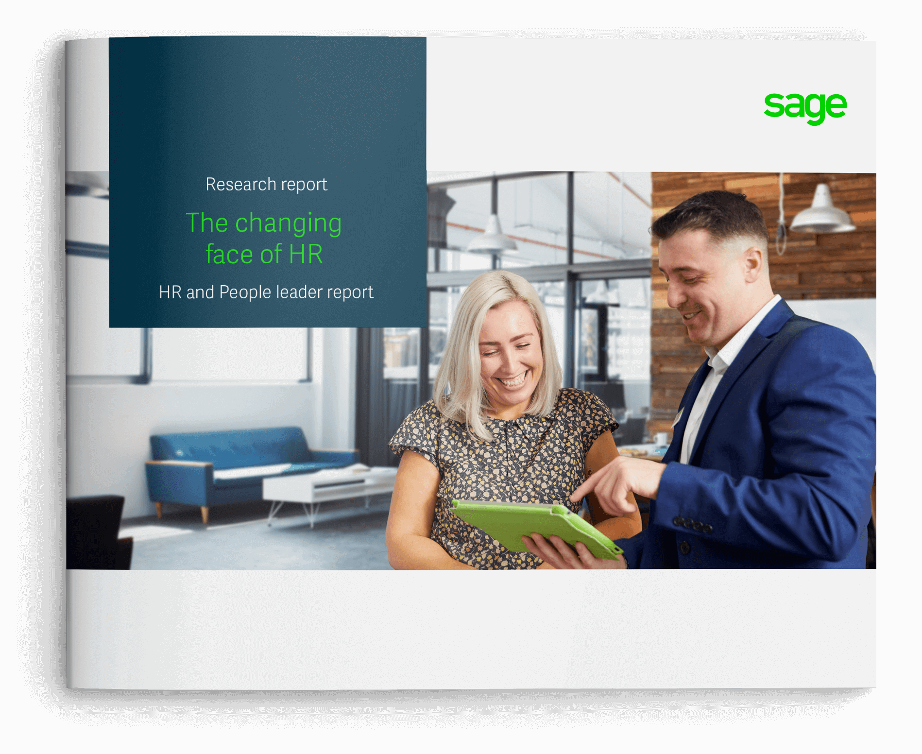 The changing face of HR research report cover photo of man and woman colleagues smiling working from a tablet