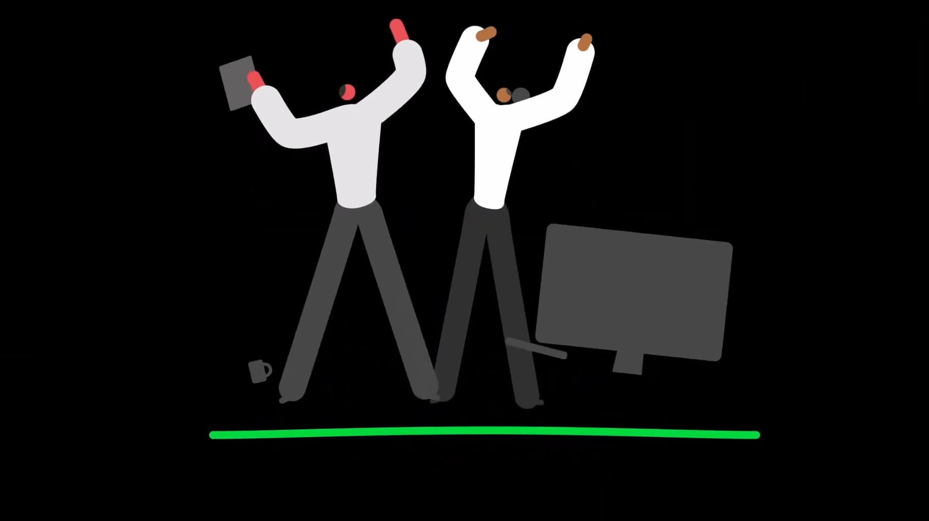  Illustration of two people with raised arms standing beside a presentation screen