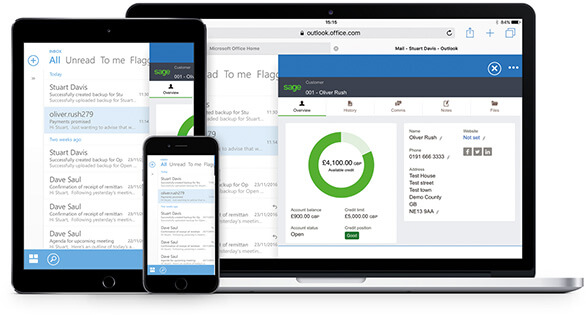 Laptop, tablet and smartphone with Sage 50cloud and Office 365 integrated on screen