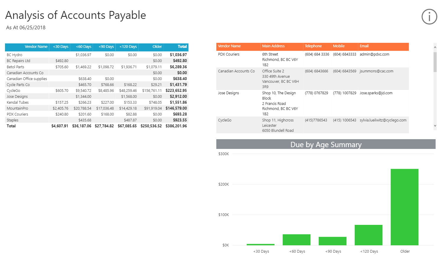accounts payable dashboard and information for a fictional bicycle retailer