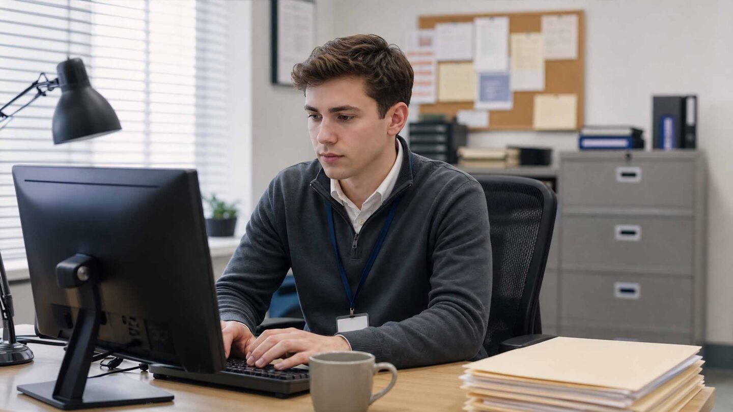 A man entering data in an office environment