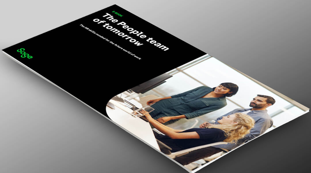 The People team of tomorrow ebook cover photo of woman smiling working on laptop in an open office