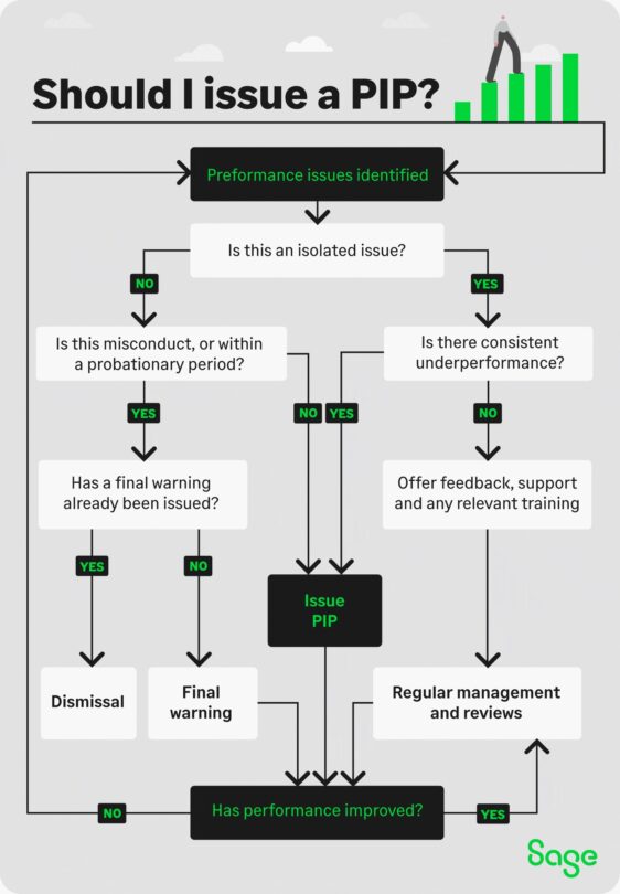 A flowchart titled Should I issue a PIP? outlines steps for addressing performance issues at work, including questions on misconduct, probation, underperformance, and possible outcomes like warnings, a performance improvement plan, dismissal, or ongoing reviews.