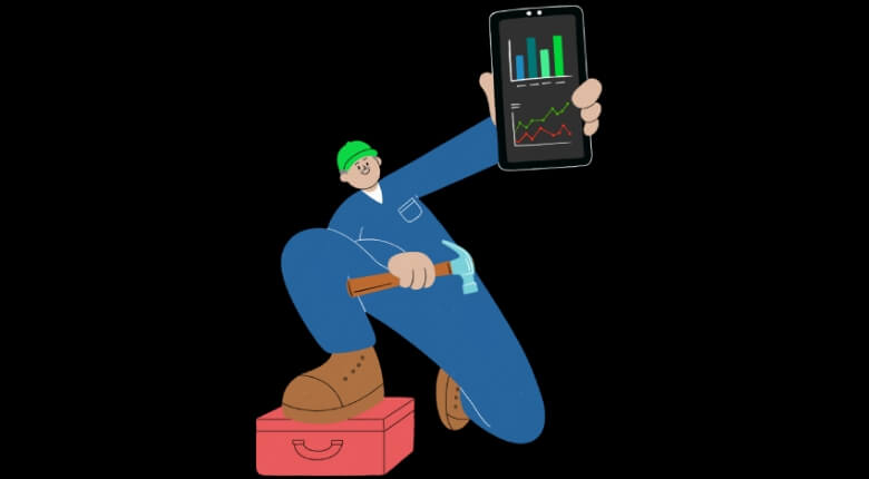   Sage Intacct Construction illustration with a figure of a construction worker with a smartphone with Sage Copilot screen