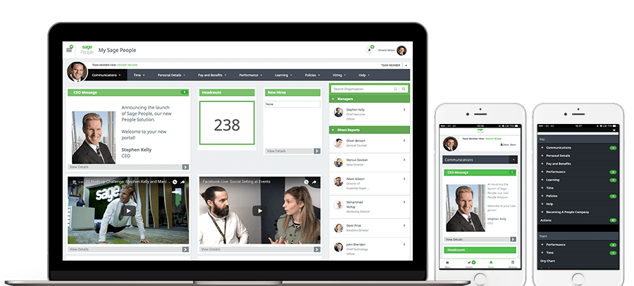 Sage People platform on a laptop and two smartphones