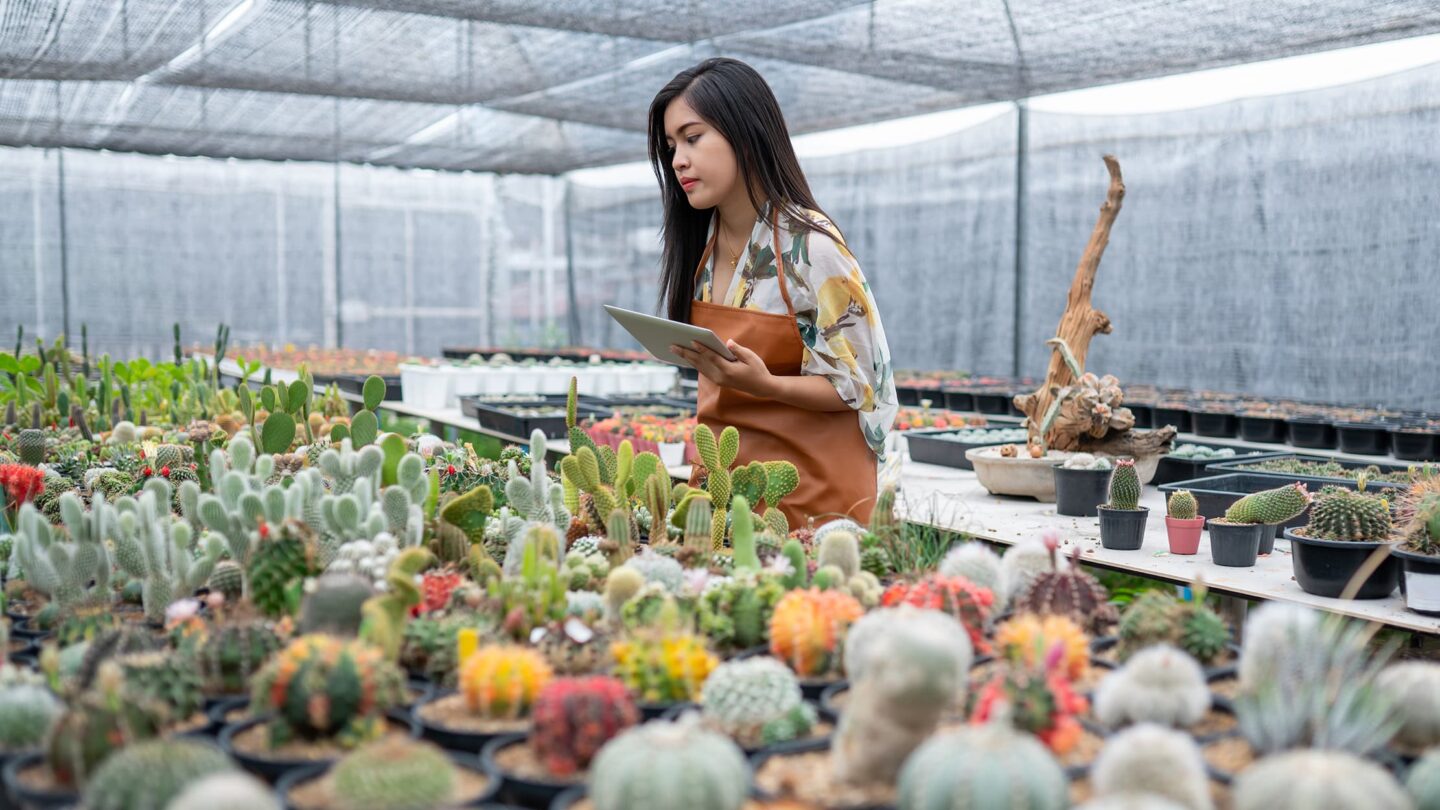 Lady operating farm with tab