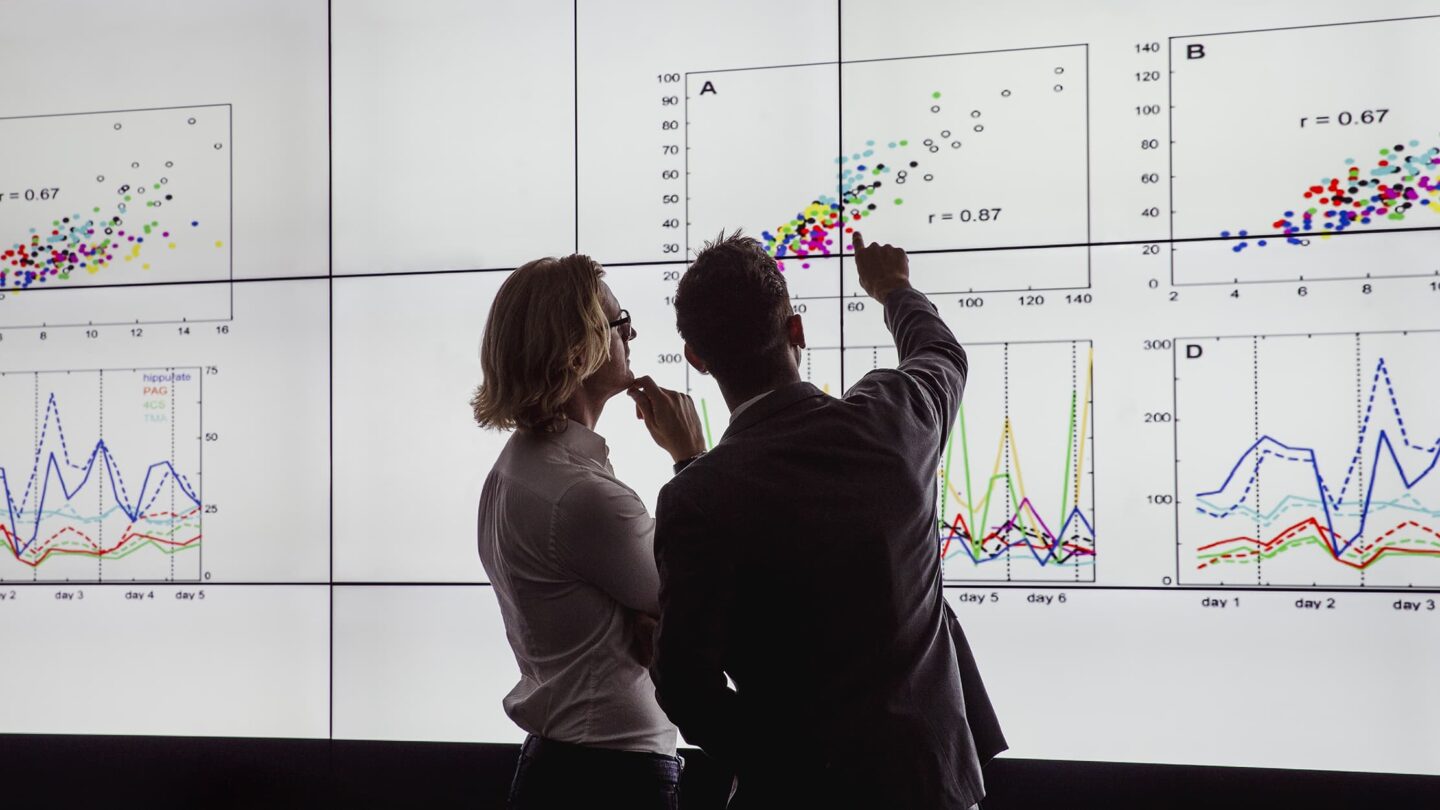 A man and a woman in front of a whiteboard with charts on it