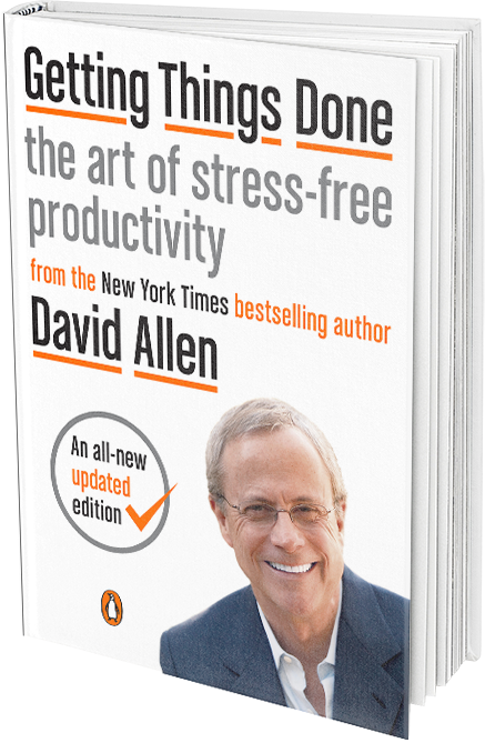 The cover of David Allen's book 'Getting Things Done: The art of stress-free productivity' featuring headline text and an image of him smiling.
