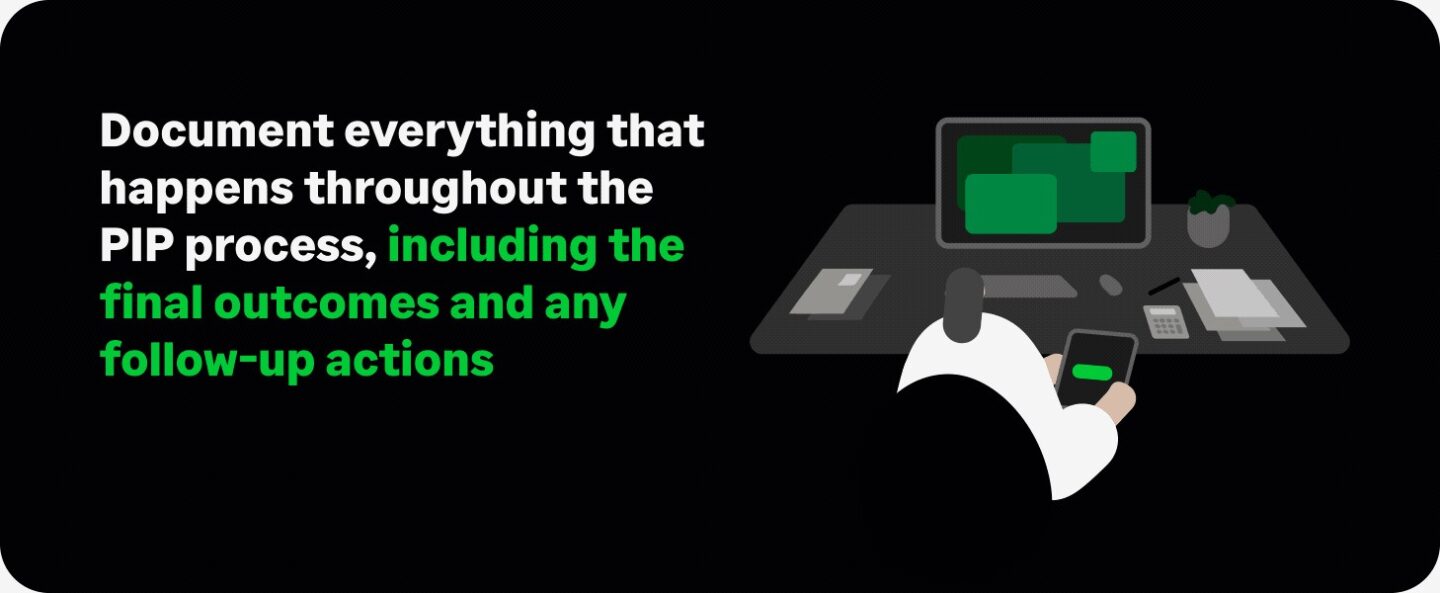 A person stands facing a large screen with a green road leading to bar and pie charts, next to text explaining that a performance improvement plan (PIP) is a structured approach for addressing and improving employee performance issues.