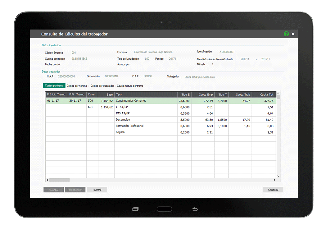 Consulta de cálculos del trabajador en tablet