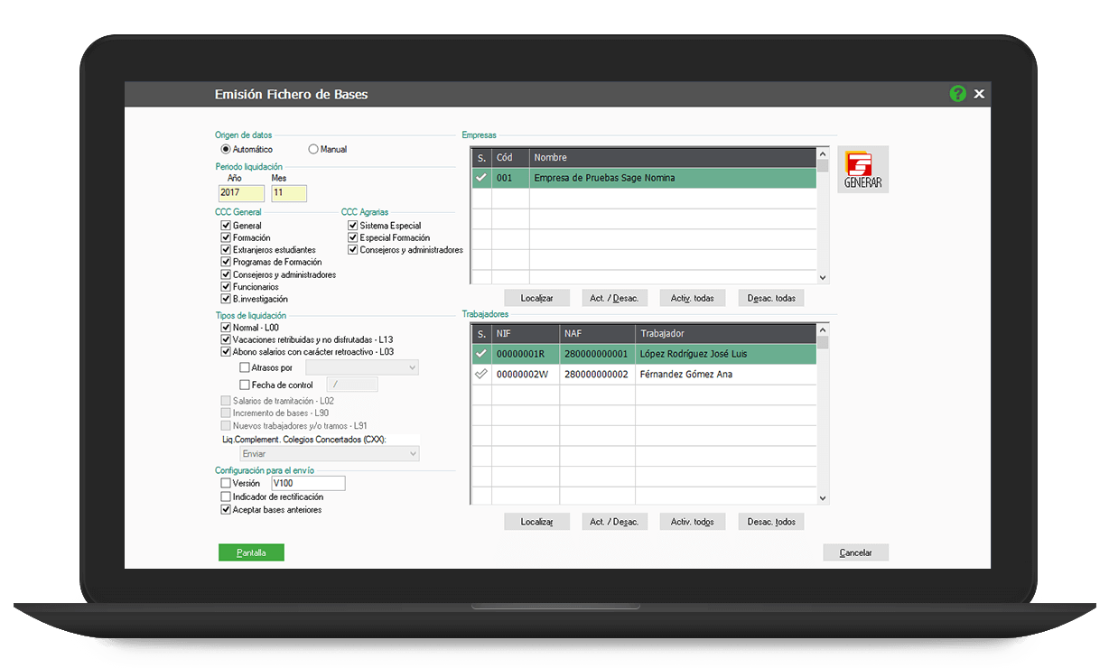 Emisión de fichero de bases en portátil