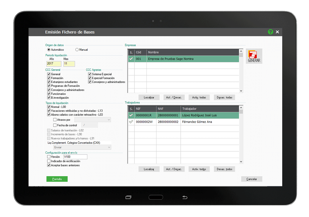 Emisión de fichero de bases en tablet