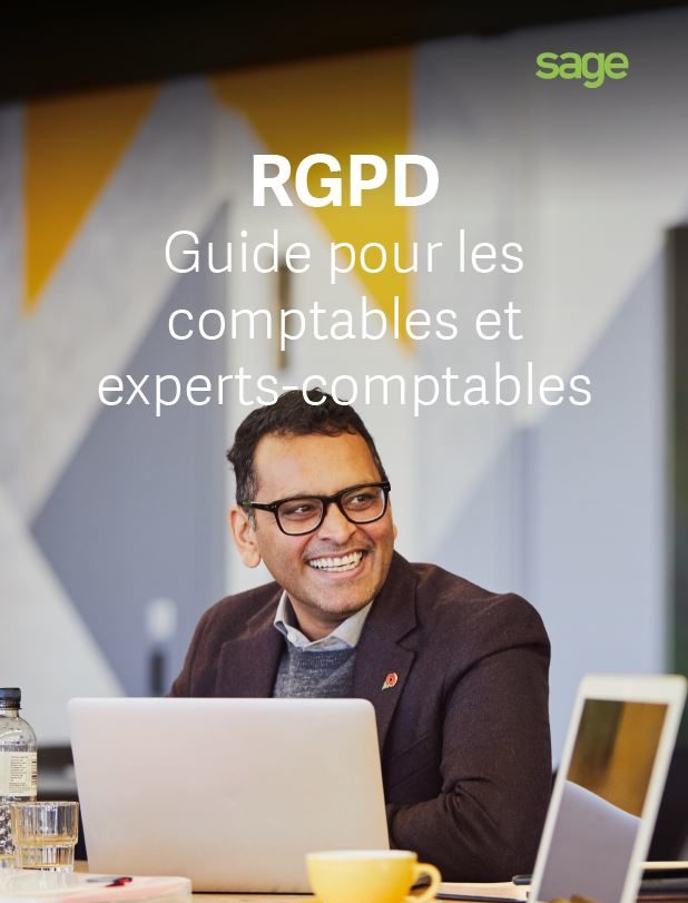 La couverture du livre blanc: une photo d'un homme heureux avec son ordinateur portable et le texte : "RGPD Guide pour les comptables et experts-comptables"