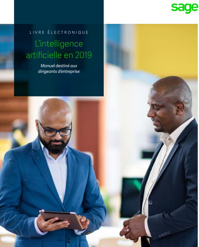 La couverture du livre blanc avec deux hommes d'affaires qui regardent un tablet. L'inscription: "Livre électronique: L' intelligence artificielle en 2019, manuel destiné aux dirigeants d'entreprise"