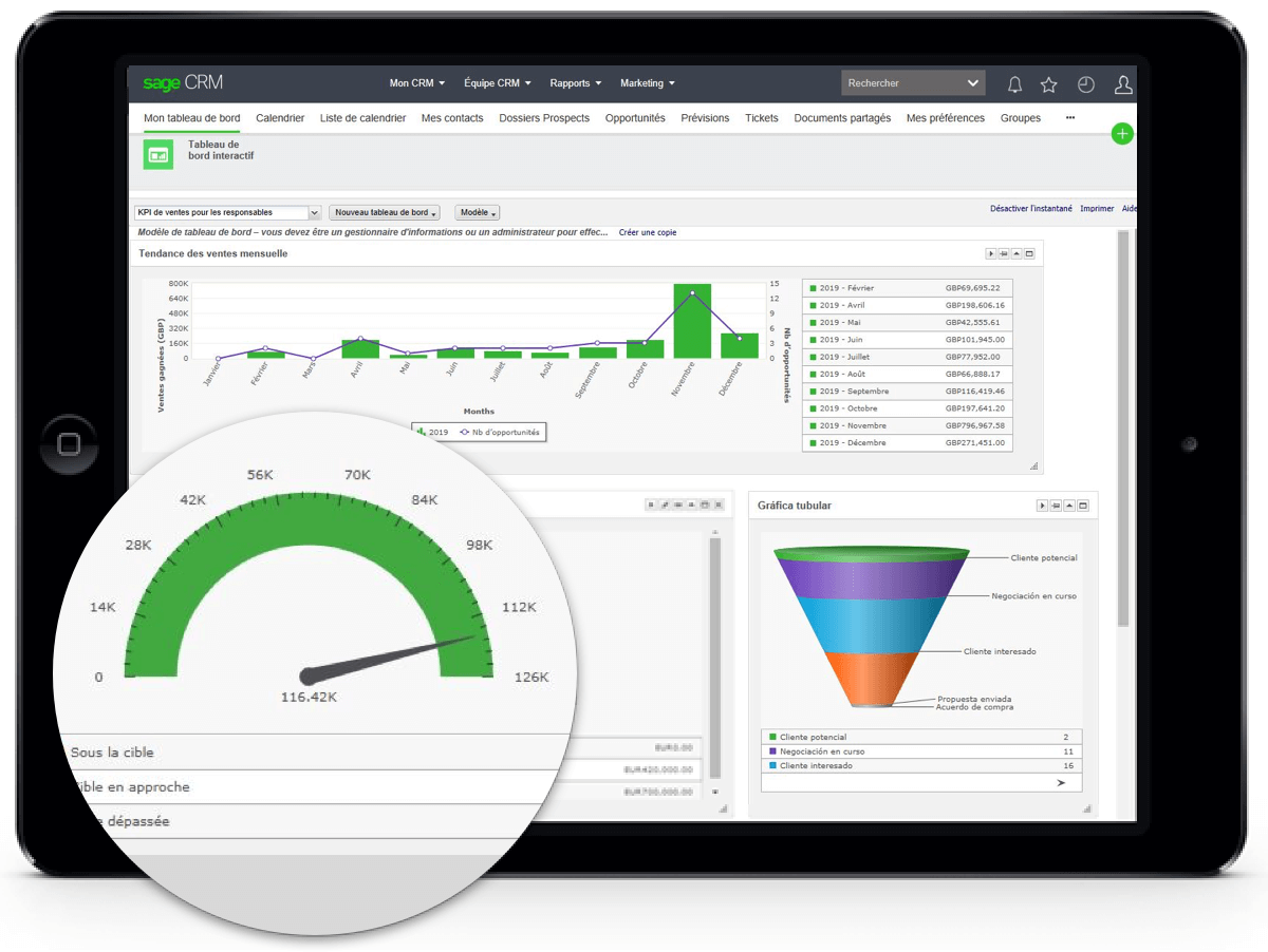 Tableau de bord de Sage�CRM sur tablette