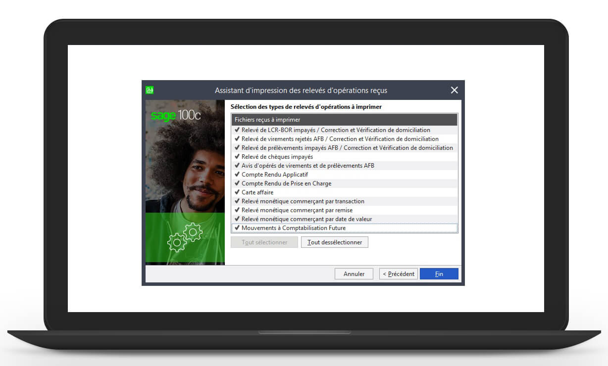 Ordinateur portable avec assistant d'impression des relevés d'opérations reçus sur Sage 100c Moyens de Paiement à l'écran