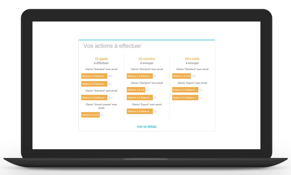 Capture d'écran de l'interface des relances clients