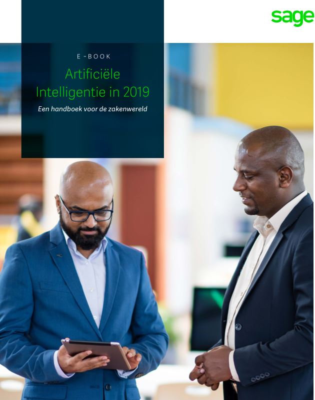 De cover van de whitepaper met twee zakenmannen die op een tablet kijken. Opschrift: "E-book Artificiële Intelligentie in 2019, een handboek voor de zakenwereld"